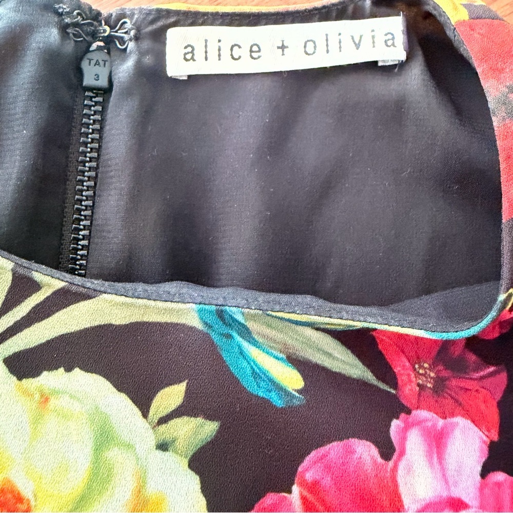 Alice + Olivia Women’s Mina Black Floral Tie-Waist Mini Dress Medium - Picture 8 of 10